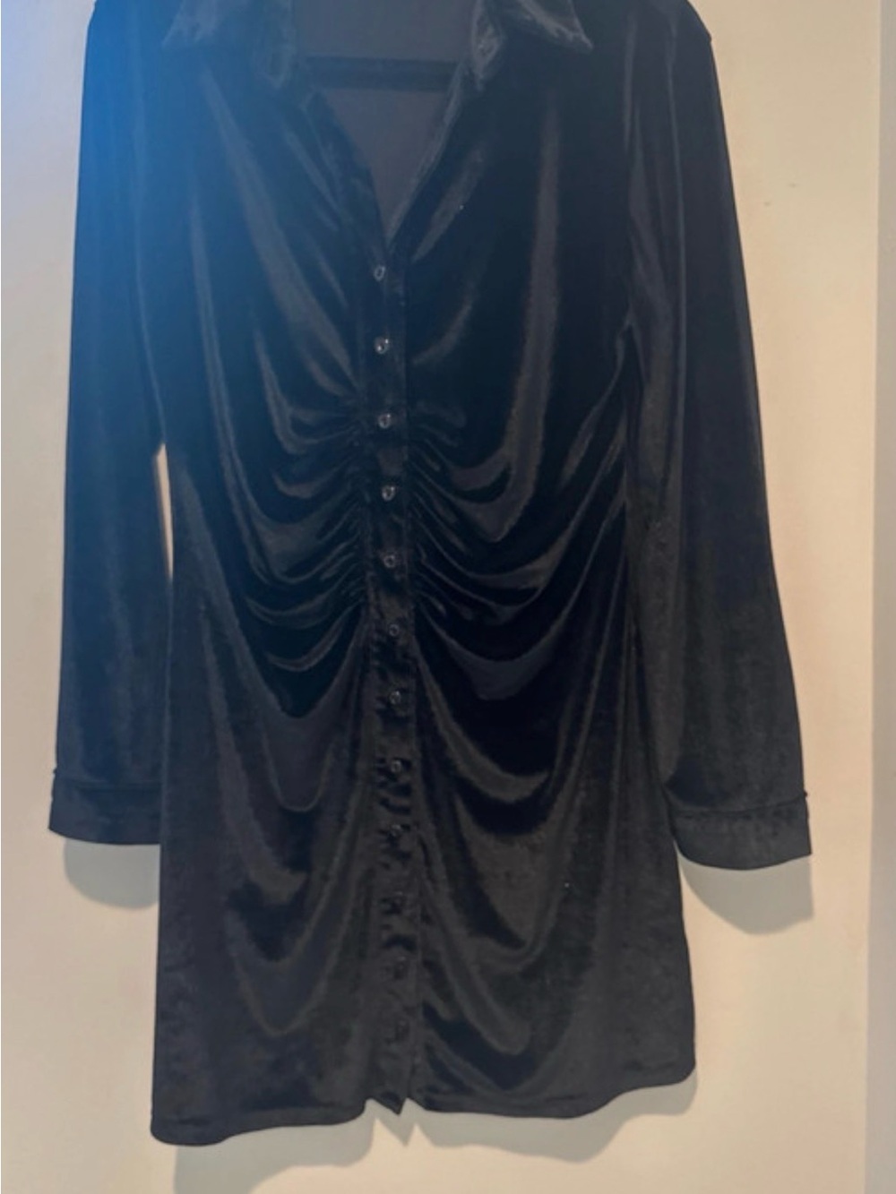 Black Velvet Ruched Front Shirt Dress